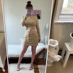 PRINCESS POLLY TWO PIECE SKIRT SET RIBBED KNIT BEIGE KHAKI TAN CREAM CROP TOP